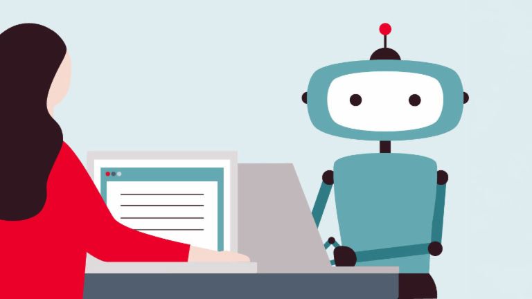 Illustration of woman in front of computer facing a robot